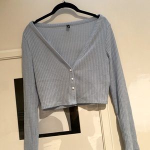 Cropped light blue button down cardigan